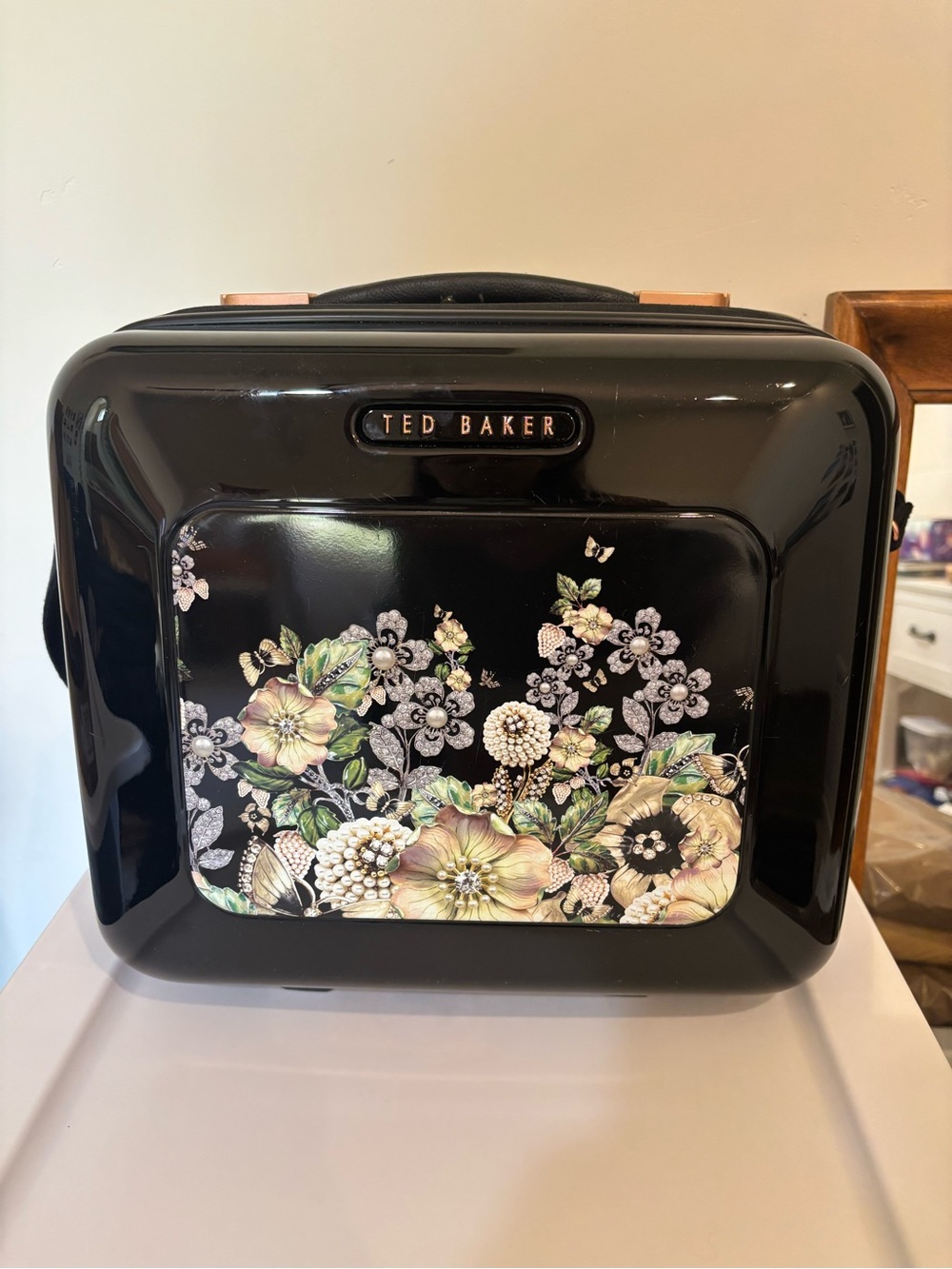 Ted Baker Black Floral HardCase Vanity Travel Case with Rose-Gold Accents 13x12”
